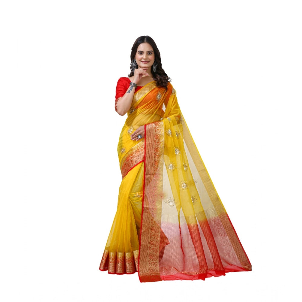 Generic Women's Organza jacquard Embellished Saree With Unstitched Blouse 5.5Mtr (Yellow) Main image