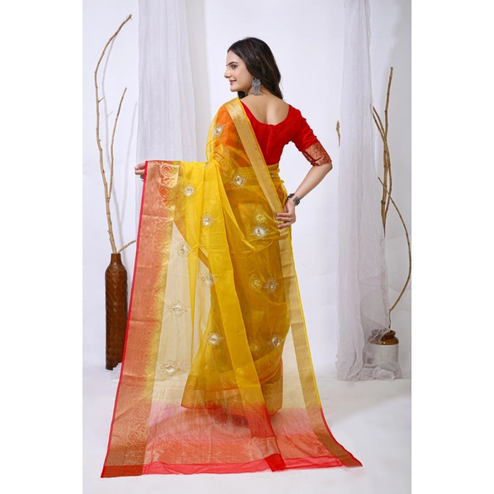 Generic Women's Organza jacquard Embellished Saree With Unstitched Blouse 5.5Mtr (Yellow) Secondary image