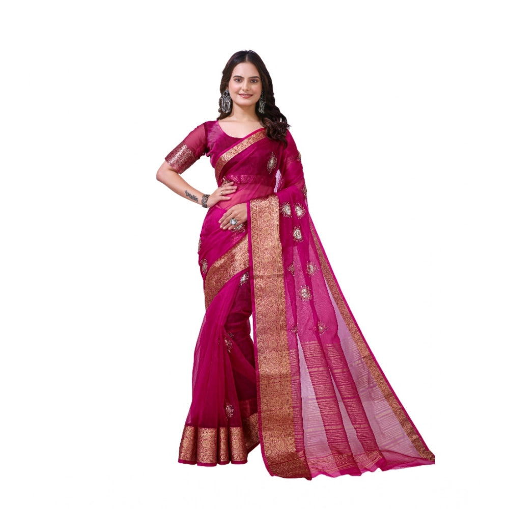 Generic Women's Organza jacquard Embellished Saree With Unstitched Blouse 5.5Mtr (Pink) Main image