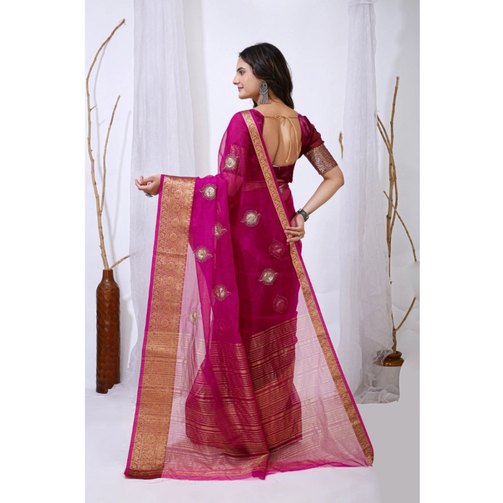 Generic Women's Organza jacquard Embellished Saree With Unstitched Blouse 5.5Mtr (Pink) Secondary image