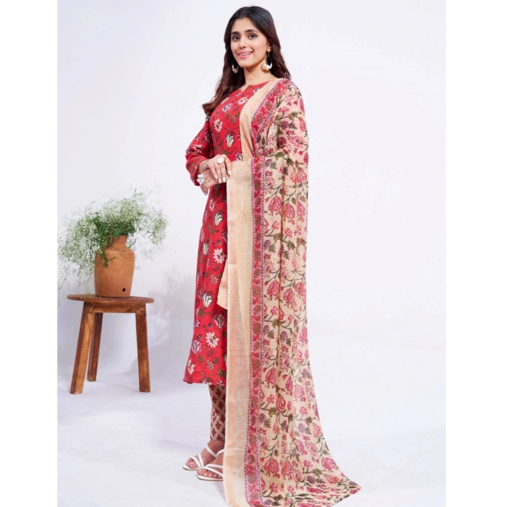 Generic Women's Cotton Blend Printed Kurti With Pant Dupatta Set (Red) Secondary image