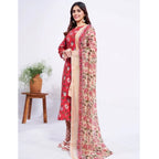 Generic Women's Cotton Blend Printed Kurti With Pant Dupatta Set (Red)