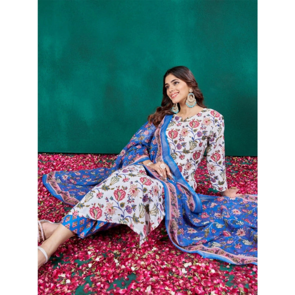 Generic Women's Cotton Blend Printed Kurti With Pant Dupatta Set (Multicolor)