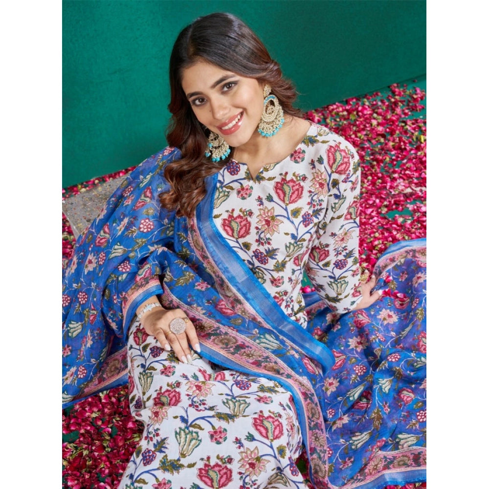 Generic Women's Cotton Blend Printed Kurti With Pant Dupatta Set (Multicolor)