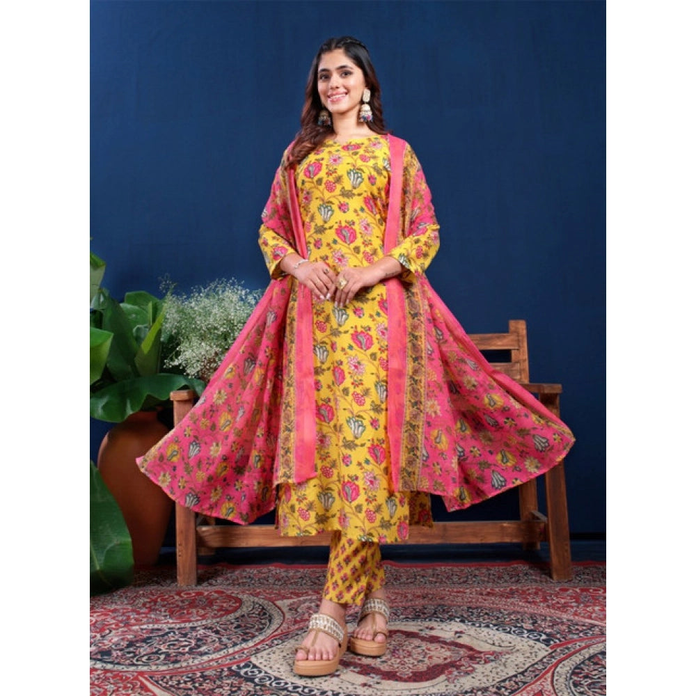 Generic Women's Cotton Blend Printed Kurti With Pant Dupatta Set (Yellow) Secondary image