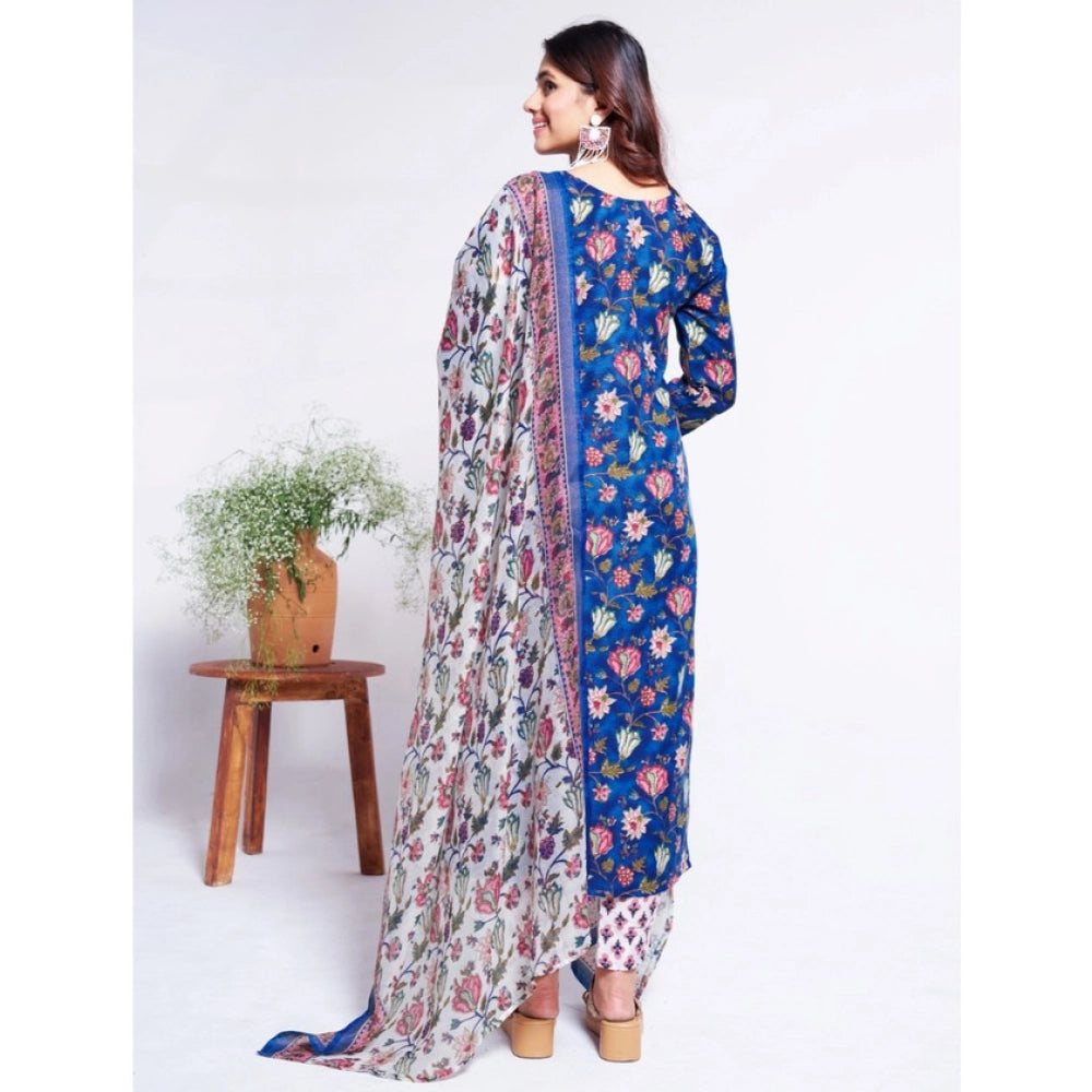 Generic Women's Cotton Blend Printed Kurti With Pant Dupatta Set (Blue) Secondary image