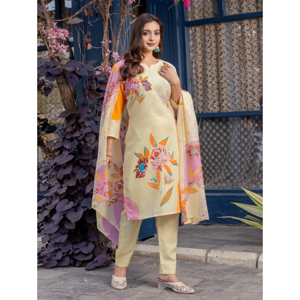 Generic Women's Cotton Blend Printed Kurti With Pant Dupatta Set (Cream) Secondary image