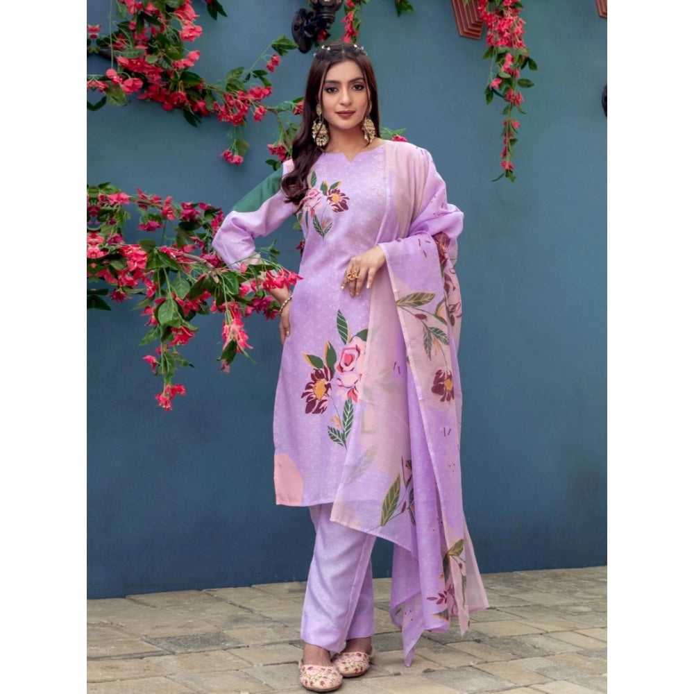 Generic Women's Cotton Blend Printed Kurti With Pant Dupatta Set (Lavender) Secondary image