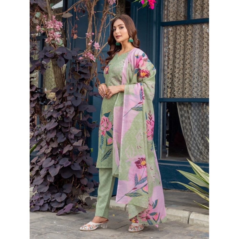 Generic Women's Cotton Blend Printed Kurti With Pant Dupatta Set (Mehendi) Secondary image