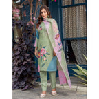 Generic Women's Cotton Blend Printed Kurti With Pant Dupatta Set (Mehendi)
