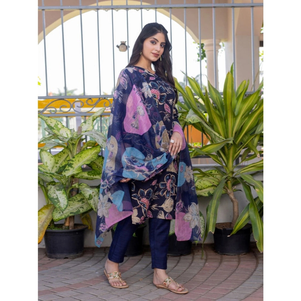 Generic Women's Cotton Blend Printed Kurti With Pant Dupatta Set (NavyBlue) Secondary image