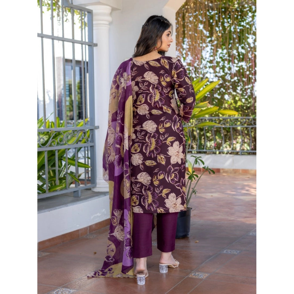 Generic Women's Cotton Blend Printed Kurti With Pant Dupatta Set (Purple) Secondary image