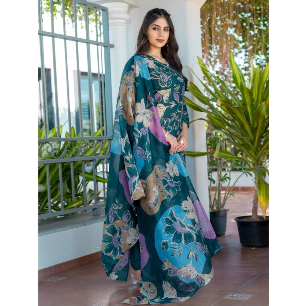 Generic Women's Cotton Blend Printed Kurti With Pant Dupatta Set (Rama) Secondary image