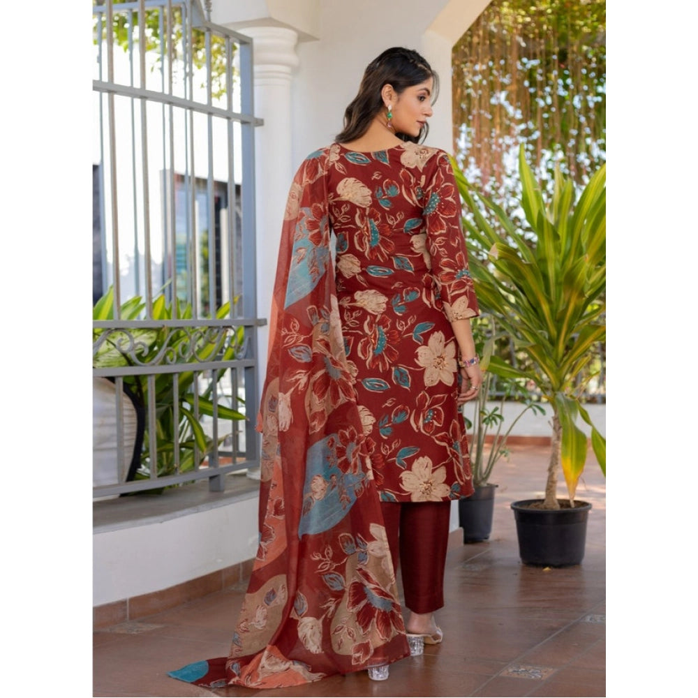 Generic Women's Cotton Blend Printed Kurti With Pant Dupatta Set (Rust) Secondary image
