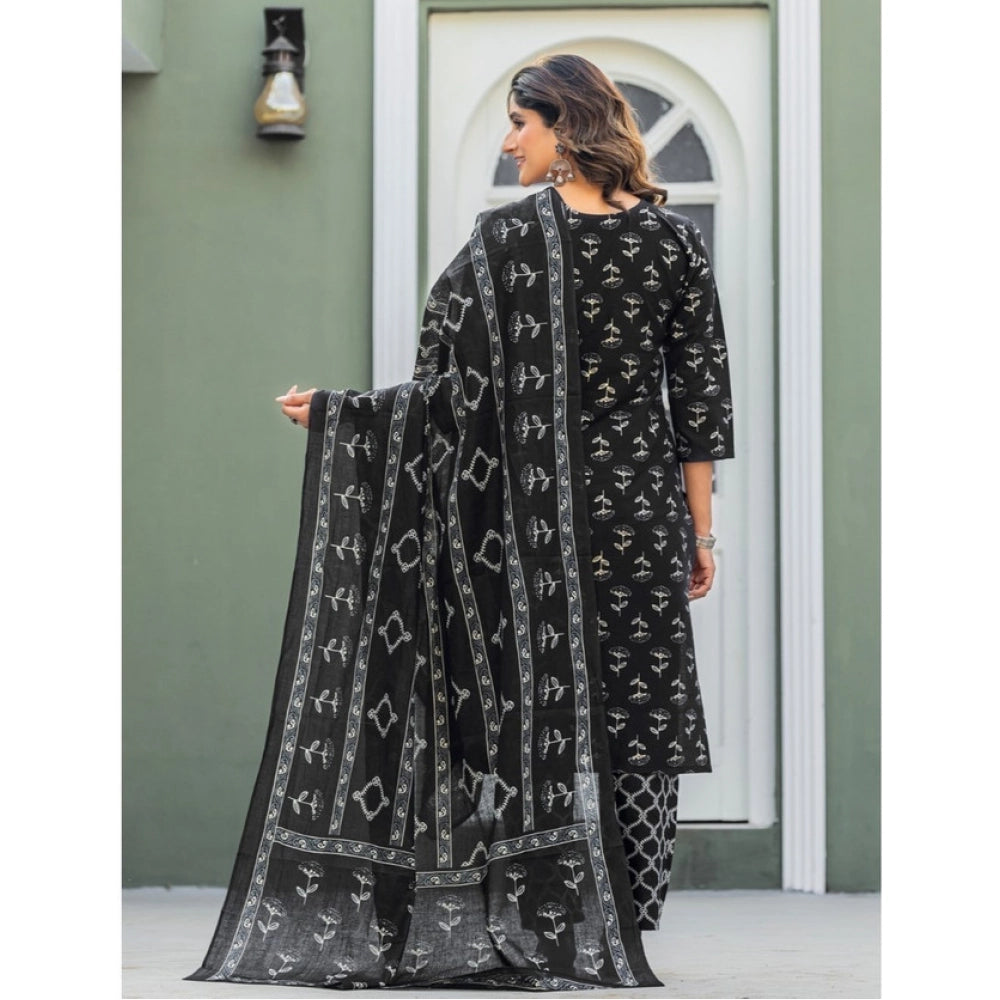 Generic Women's Cotton Blend Printed Kurti With Pant Dupatta Set (Black) Secondary image