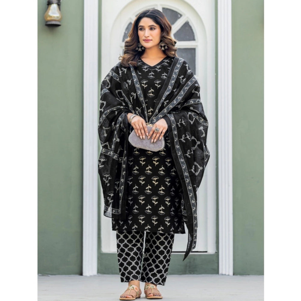 Generic Women's Cotton Blend Printed Kurti With Pant Dupatta Set (Black)