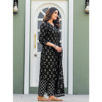 Generic Women's Cotton Blend Printed Kurti With Pant Dupatta Set (Black)