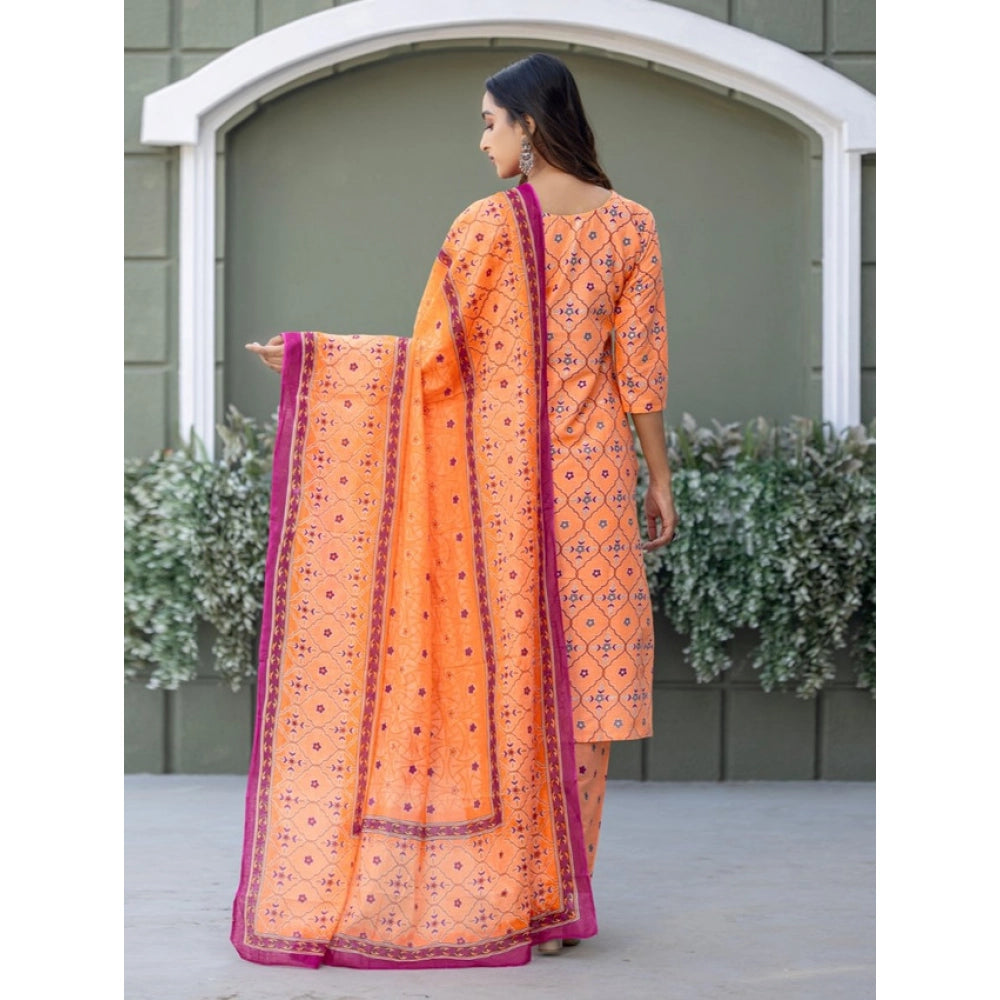 Generic Women's Cotton Blend Printed Kurti With Pant Dupatta Set (Coral) Secondary image