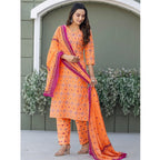 Generic Women's Cotton Blend Printed Kurti With Pant Dupatta Set (Coral)