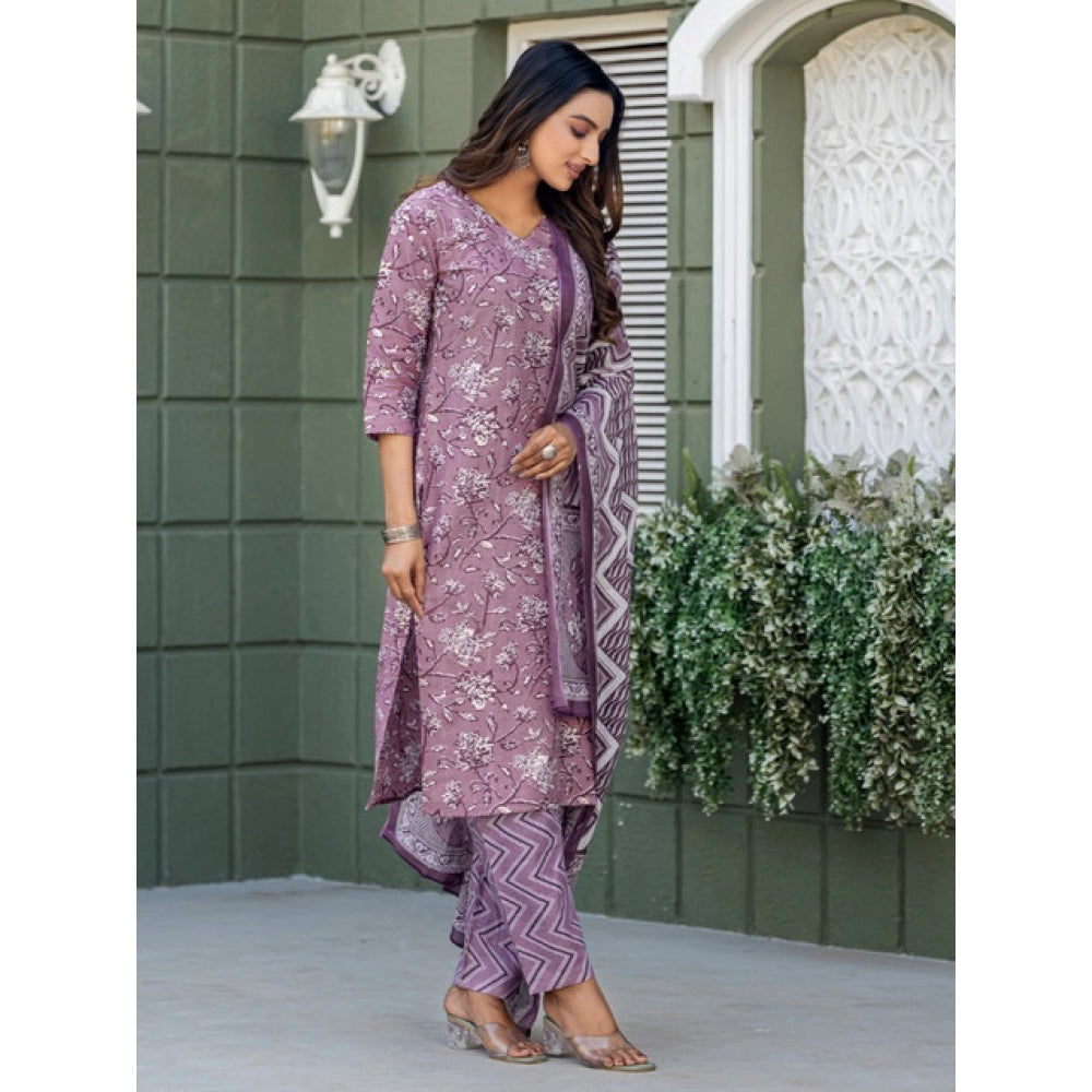 Generic Women's Cotton Blend Printed Kurti With Pant Dupatta Set (Lavender) Secondary image