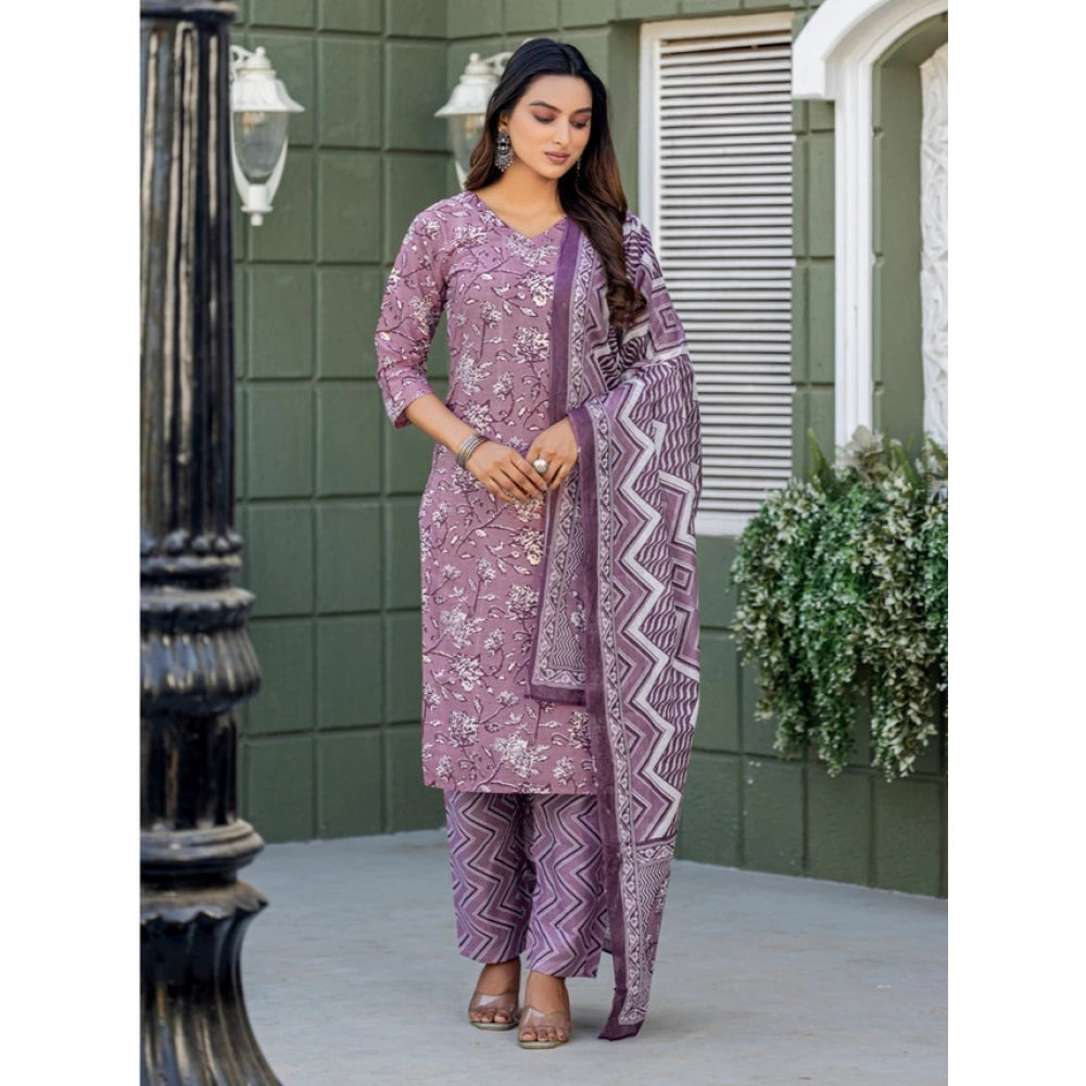 Generic Women's Cotton Blend Printed Kurti With Pant Dupatta Set (Lavender)