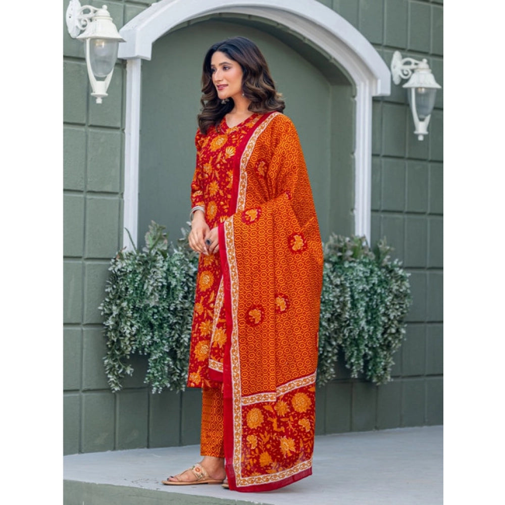 Generic Women's Cotton Blend Printed Kurti With Pant Dupatta Set (Maroon) Secondary image