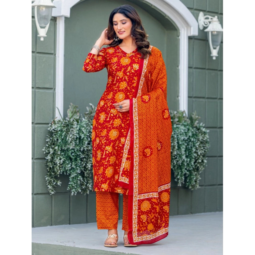 Generic Women's Cotton Blend Printed Kurti With Pant Dupatta Set (Maroon)