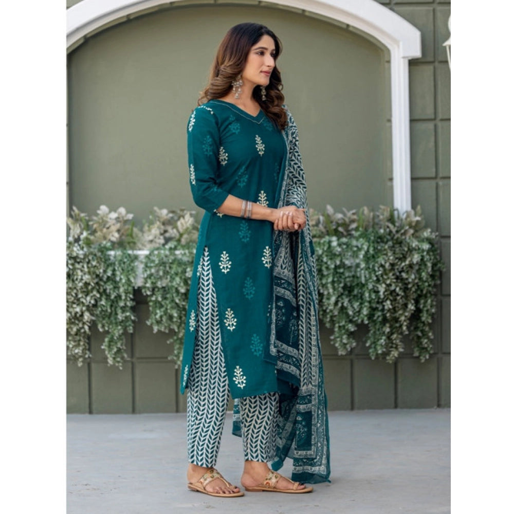 Generic Women's Cotton Blend Printed Kurti With Pant Dupatta Set (Morpichh) Secondary image
