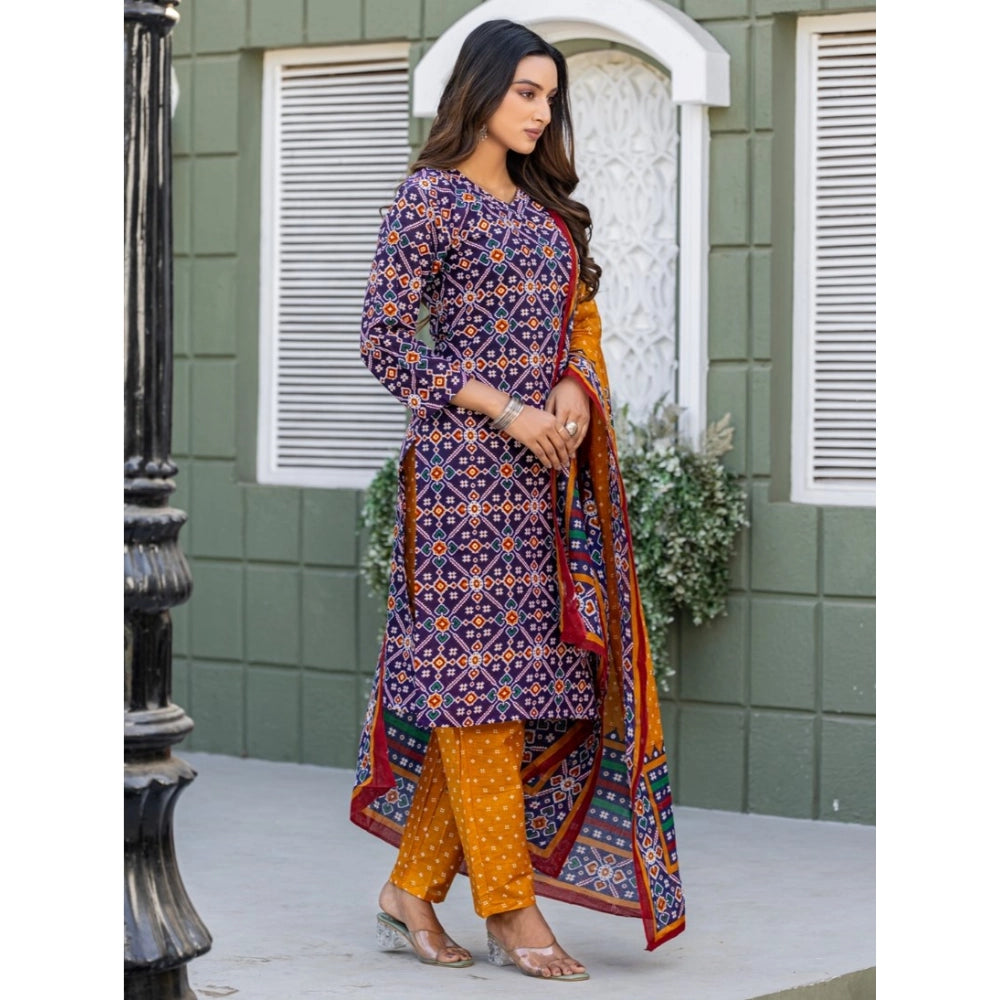 Generic Women's Cotton Blend Printed Kurti With Pant Dupatta Set (Navy Blue) Secondary image