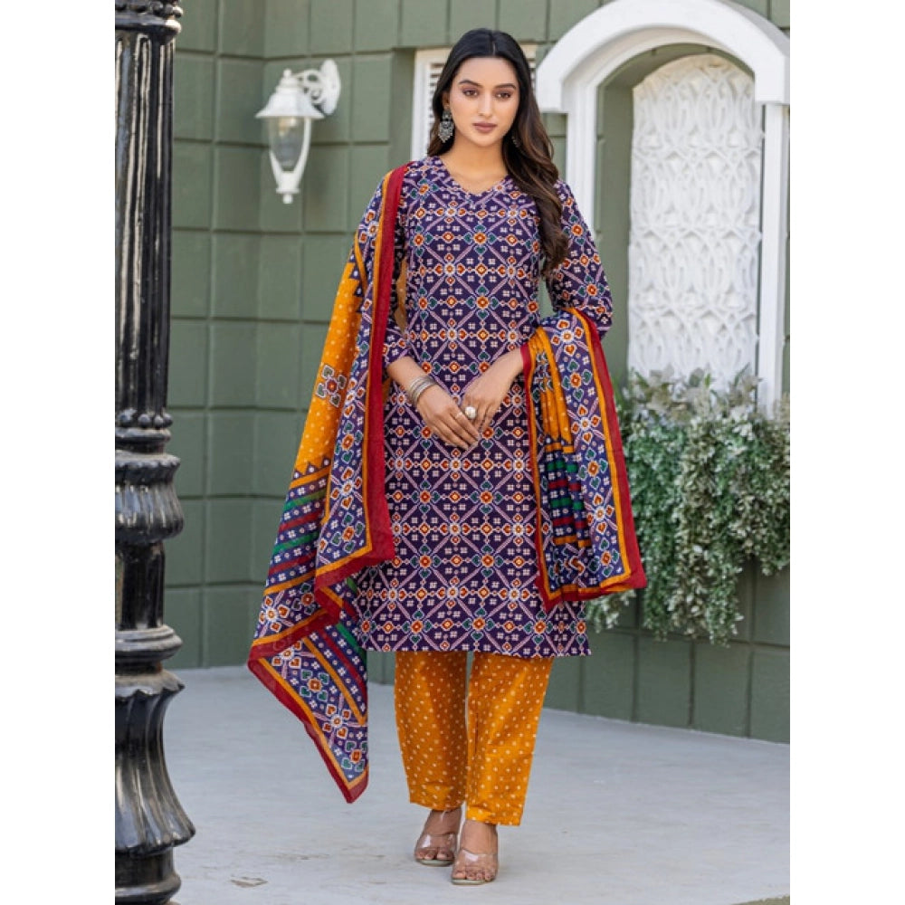 Generic Women's Cotton Blend Printed Kurti With Pant Dupatta Set (Navy Blue)