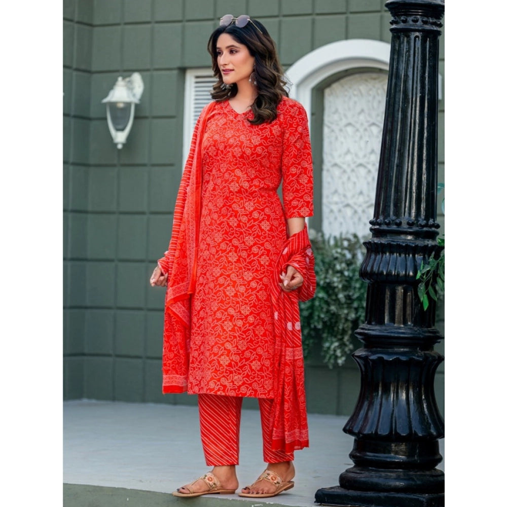 Generic Women's Cotton Blend Printed Kurti With Pant Dupatta Set (Orange) Secondary image