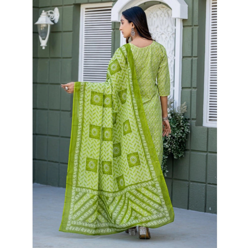 Generic Women's Cotton Blend Printed Kurti With Pant Dupatta Set (Parrot) Secondary image