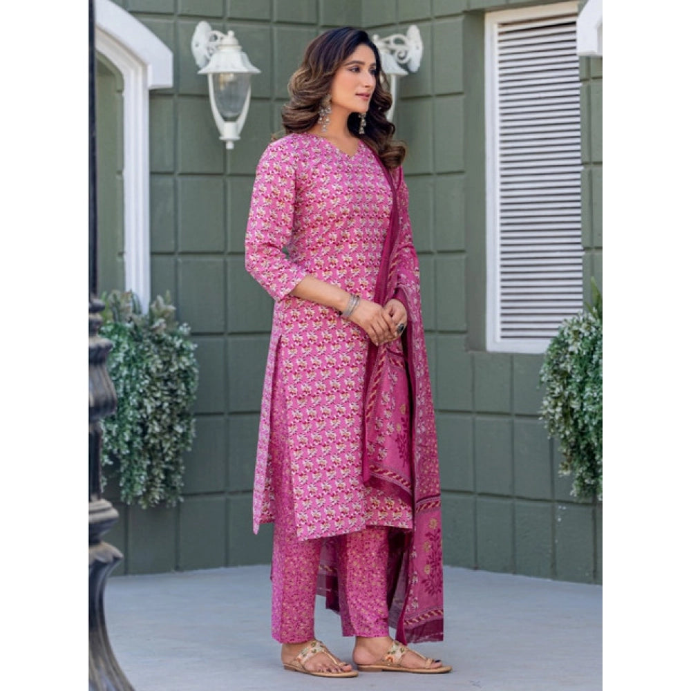 Generic Women's Cotton Blend Printed Kurti With Pant Dupatta Set (Pink) Secondary image