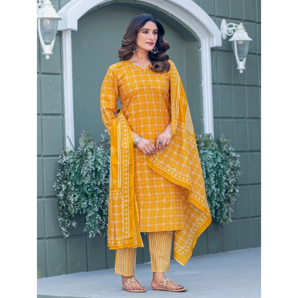 Generic Women's Cotton Blend Printed Kurti With Pant Dupatta Set (Yellow) Secondary image