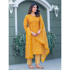 Generic Women's Cotton Blend Printed Kurti With Pant Dupatta Set (Yellow)
