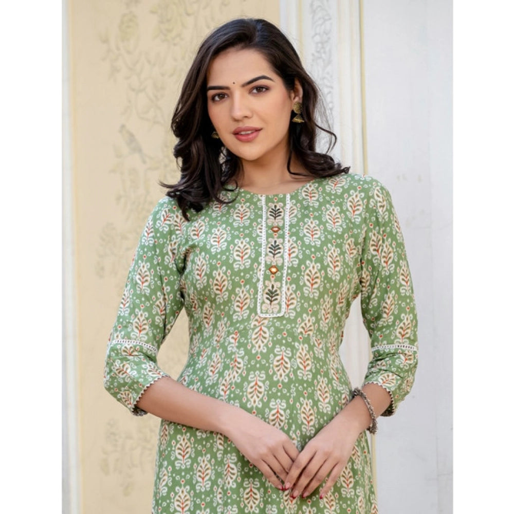Generic Women's Rayon  Print With Embroidery Work A-Line Kurti (Green)