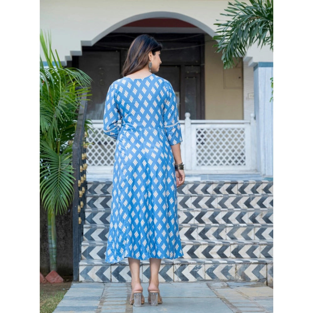 Generic Women's Rayon Print With Embroidery Work A-Line Kurti (Sky Blue)