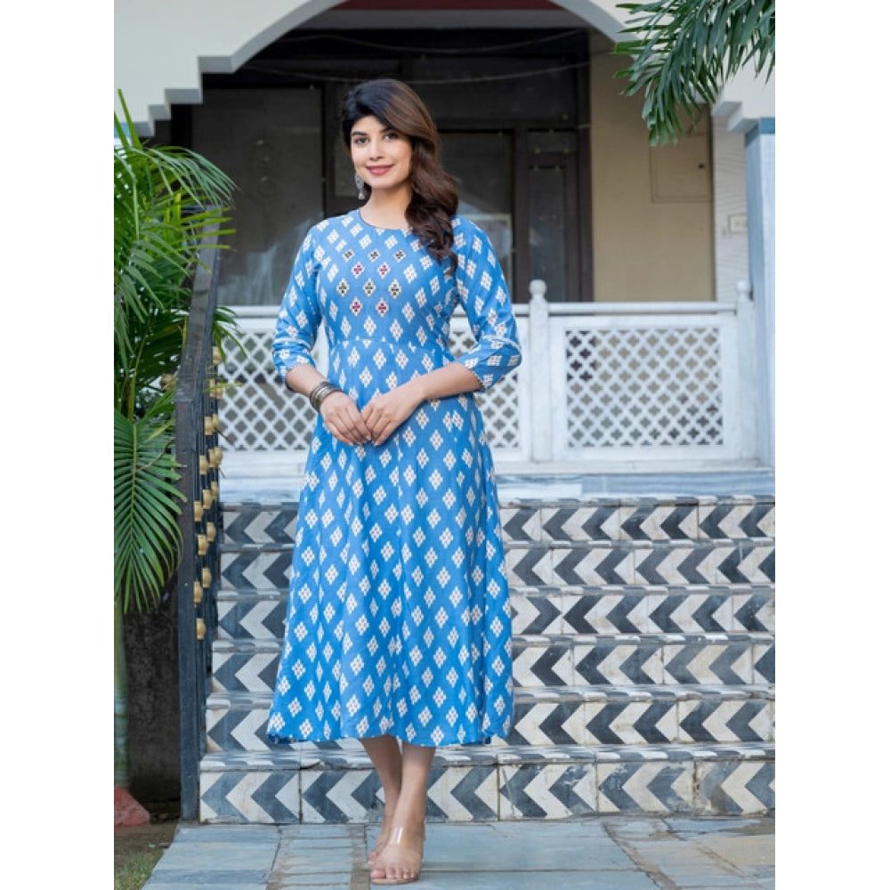 Generic Women's Rayon Print With Embroidery Work A-Line Kurti (Sky Blue)
