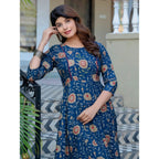 Generic Women's Rayon Print With Embroidery Work A-Line Kurti (Navy Blue)