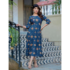 Generic Women's Rayon Print With Embroidery Work A-Line Kurti (Navy Blue)