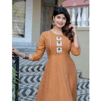 Generic Women's Rayon Print With Embroidery Work A-Line Kurti (Rust)