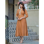 Generic Women's Rayon Print With Embroidery Work A-Line Kurti (Rust)