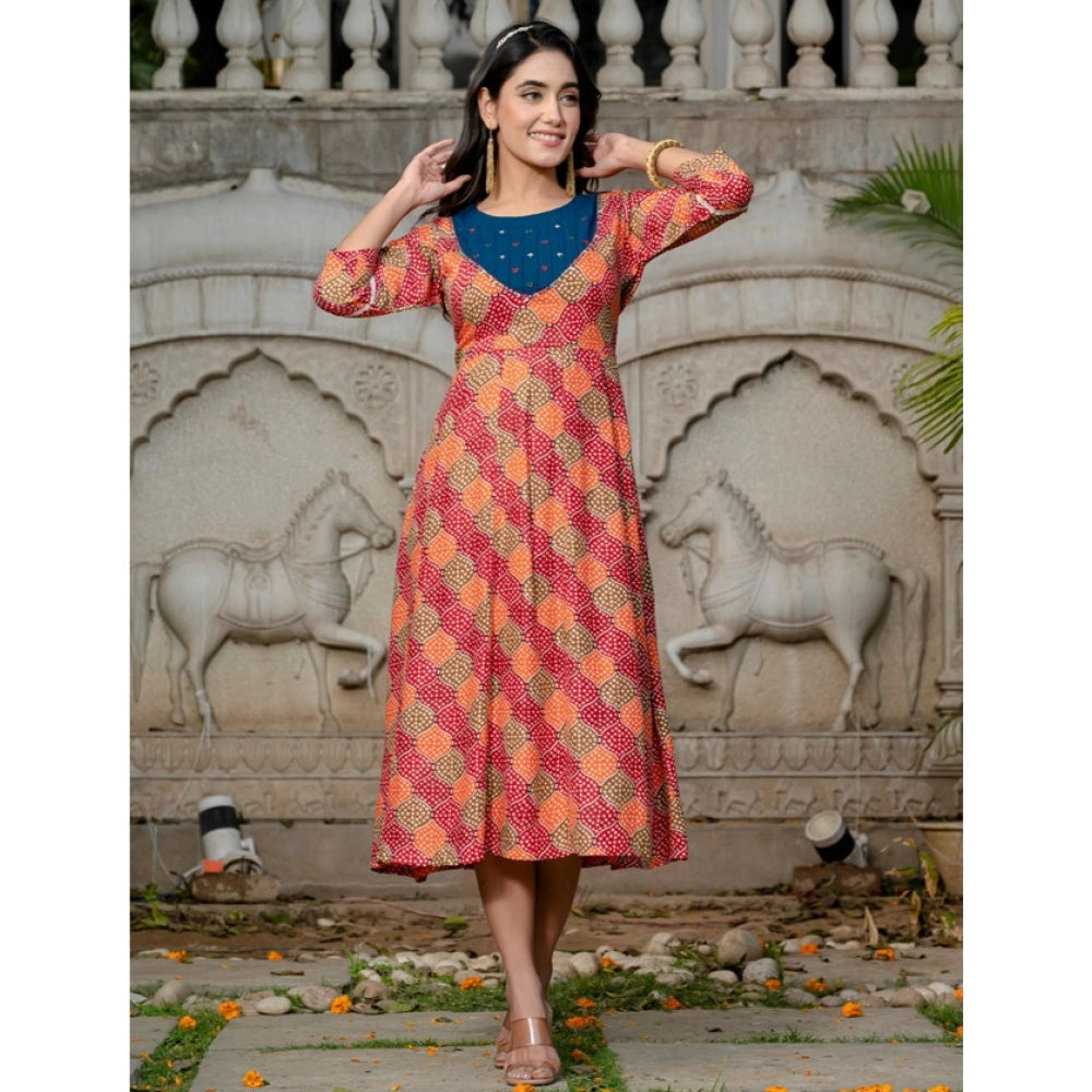 Generic Women's Rayon Print With Embroidery Work A-Line Kurti (Multicolor)