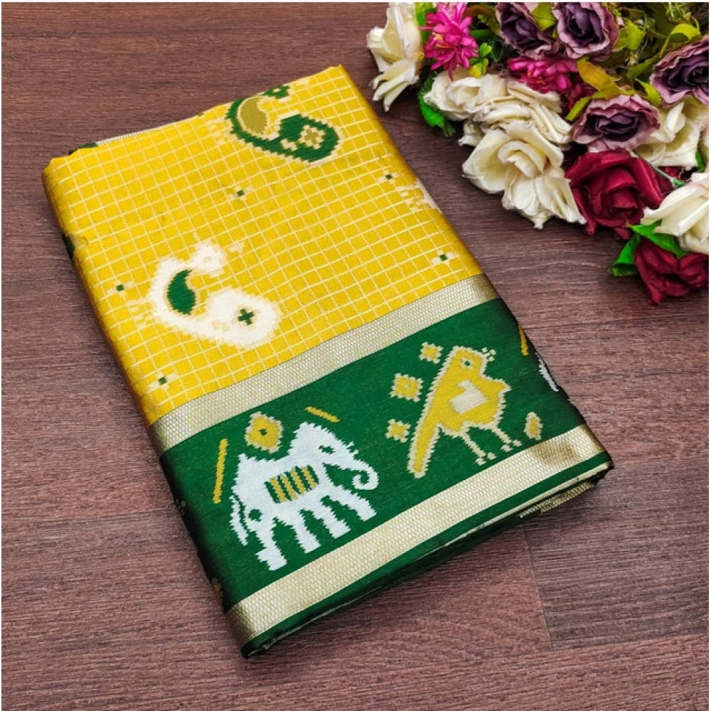 Generic Women's Soft Litchi Silk Jacquard Work Saree With Unstitched Blouse 5.5Mtr (Yellow-Green) Main image