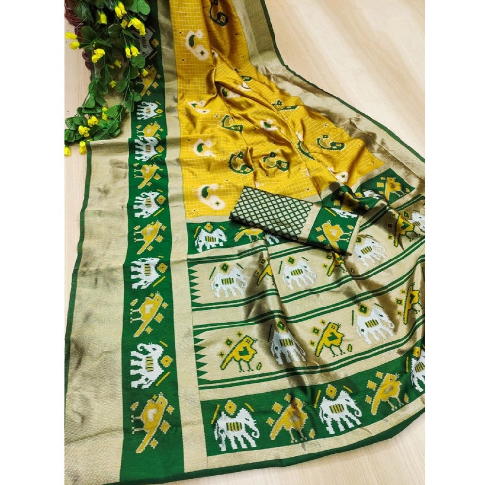 Generic Women's Soft Litchi Silk Jacquard Work Saree With Unstitched Blouse 5.5Mtr (Yellow-Green) Secondary image
