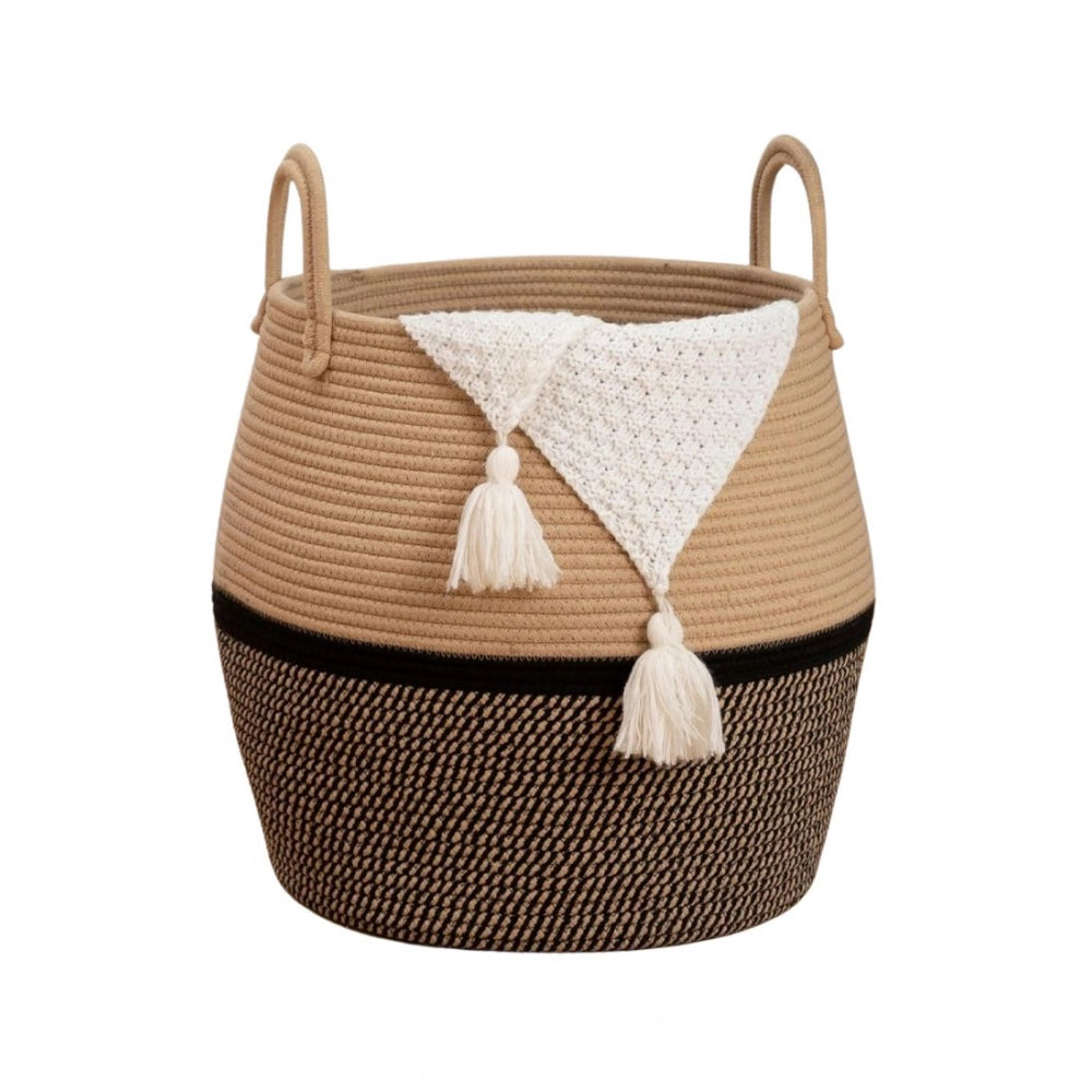 Generic Cotton Matka With Handle 14x12 Inch Storage Basket For Clothes (Beige Black) Main image