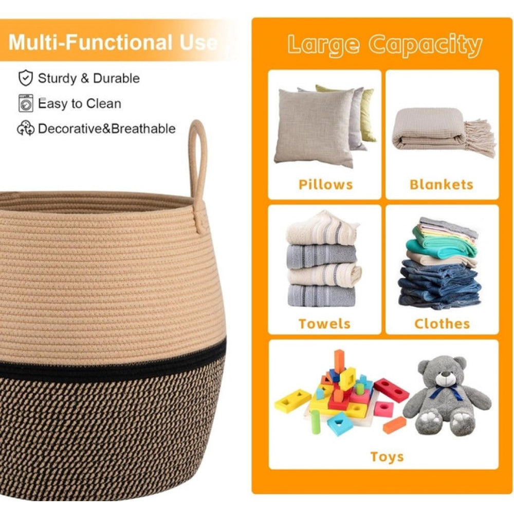 Generic Cotton Matka With Handle 14x12 Inch Storage Basket For Clothes (Beige Black) Secondary image