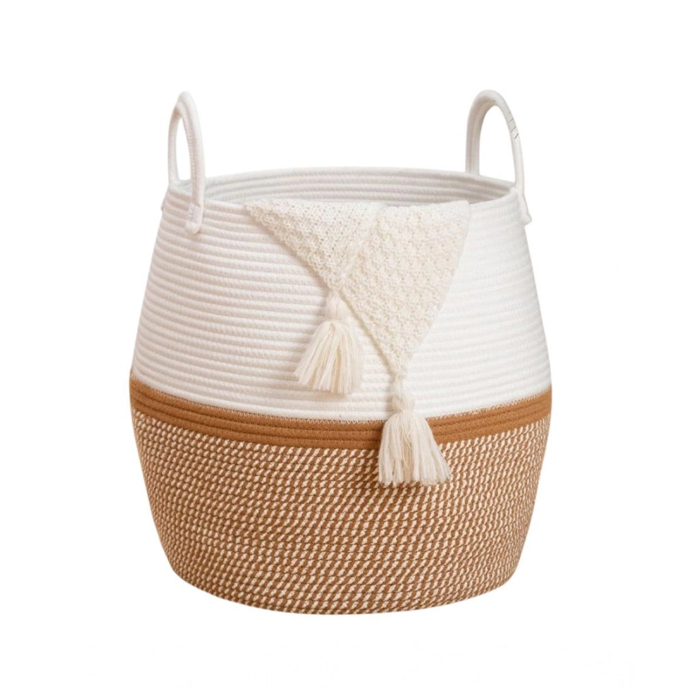 Generic Cotton Matka With Handle 14x12 Inch Storage Basket For Clothes (Beige White) Main image