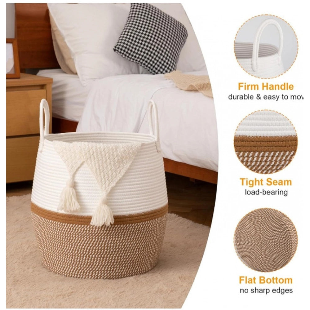 Generic Cotton Matka With Handle 14x12 Inch Storage Basket For Clothes (Beige White)