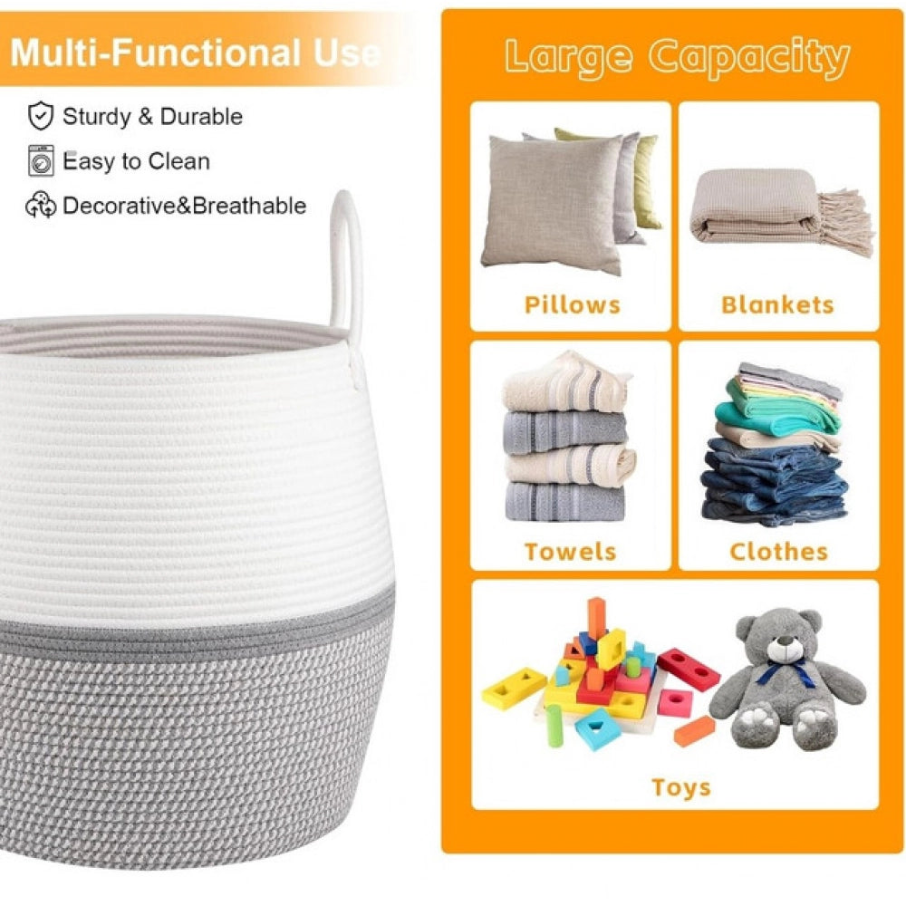 Generic Cotton Matka With Handle 14x12 Inch Storage Basket For Clothes (Gray White) Secondary image